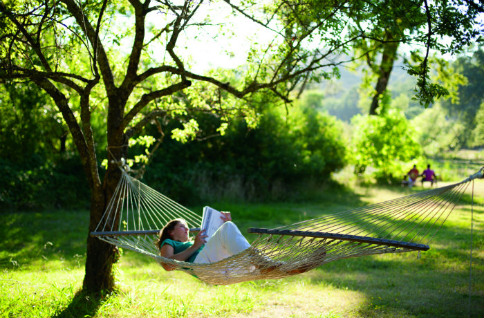 Guest lies in the hammock under 2 shade trees